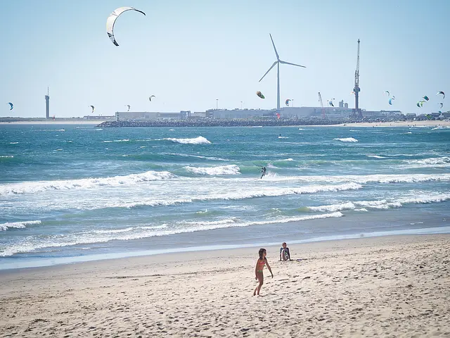 Kites at Praia do Cabedelo with the port of Viana do Castelo behind