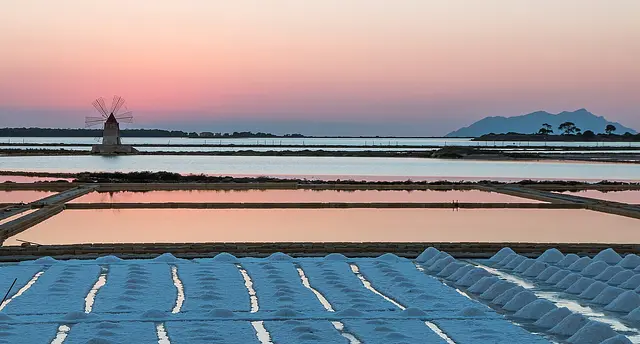 The Stagnone salt pans and windmill at sunset